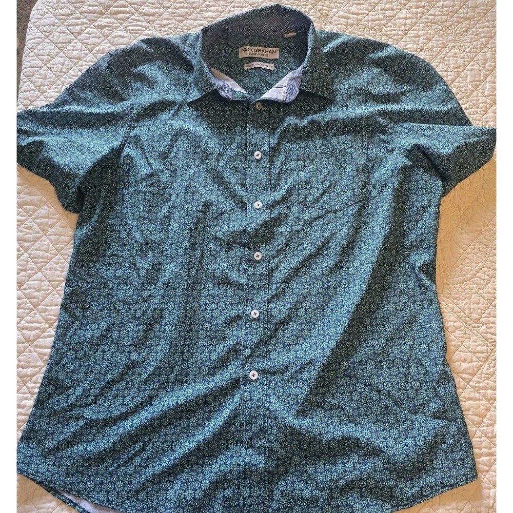 Nick Graham Everywhere Stretch Modern Fit L Men Button Up Shirt Floral Green